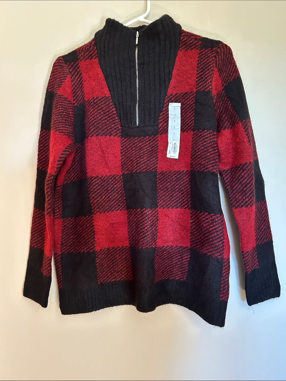 Croft & Barrow Red and Black Buffalo Check Zip Turtleneck Sweater size S NWT